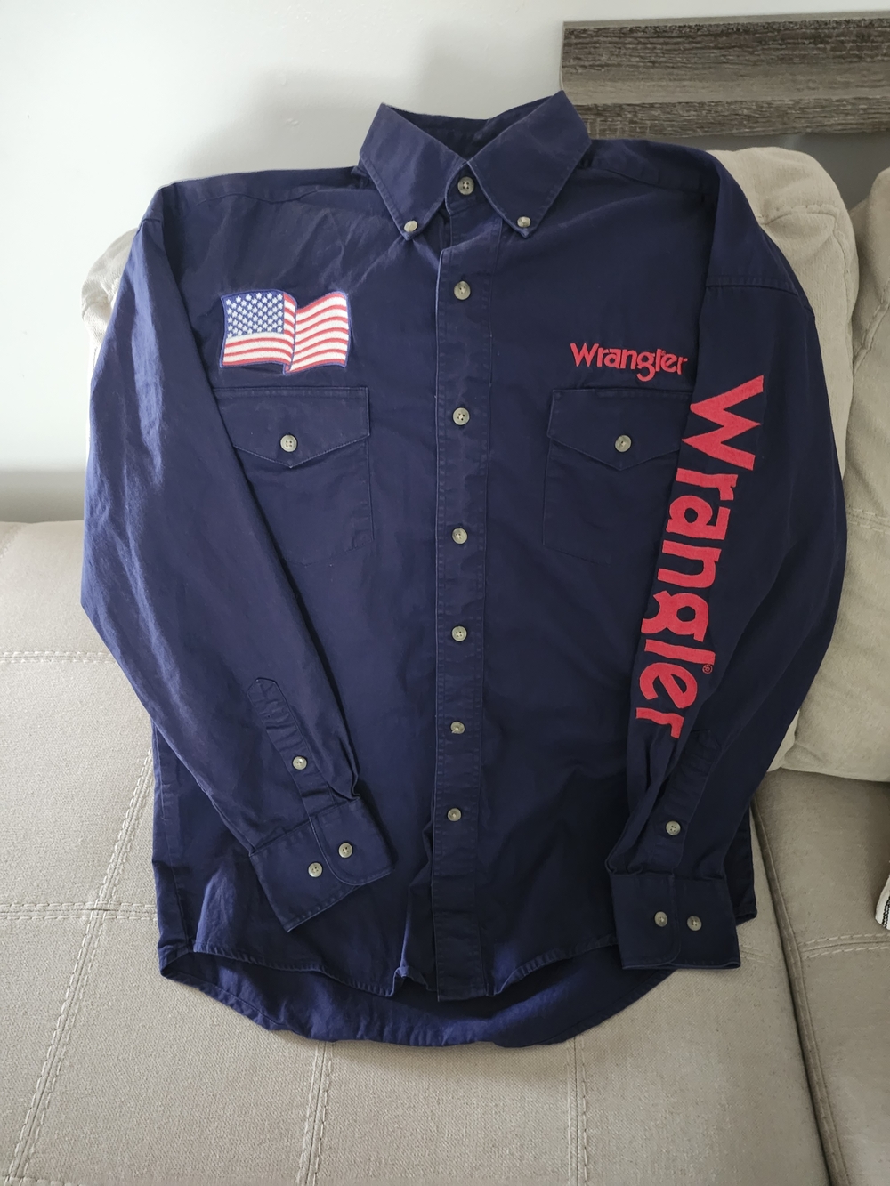 Wrangler Navy Button-Down Shirt with Red Logo